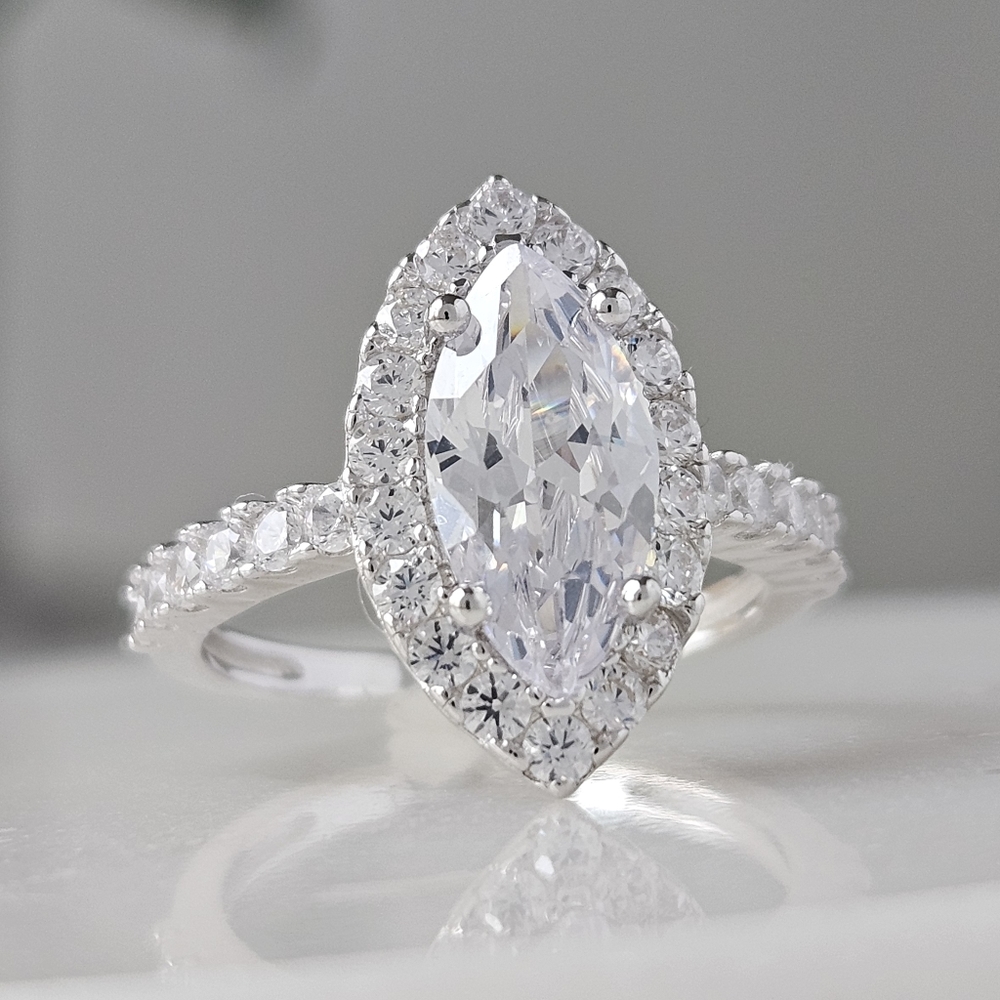 Marquise Cut Halo gemstone ring, 925 Sterling Silver